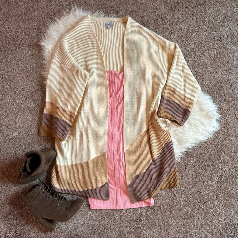 Open-Front Colorblock Ribbed Cardigan Sweater